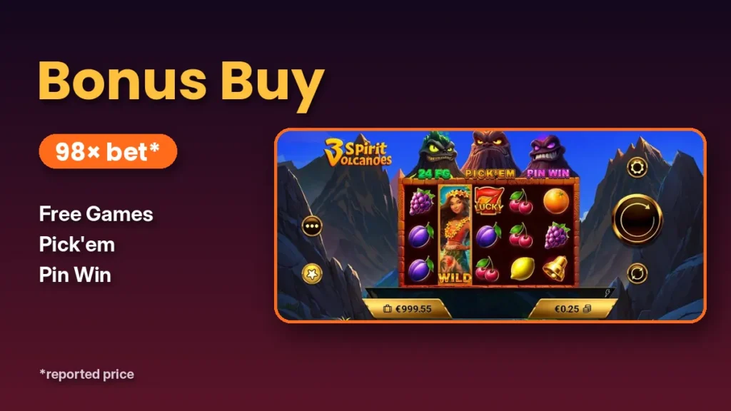 3 Spirit Volcanoes Bonus Buy with a reported cost of 98× the bet