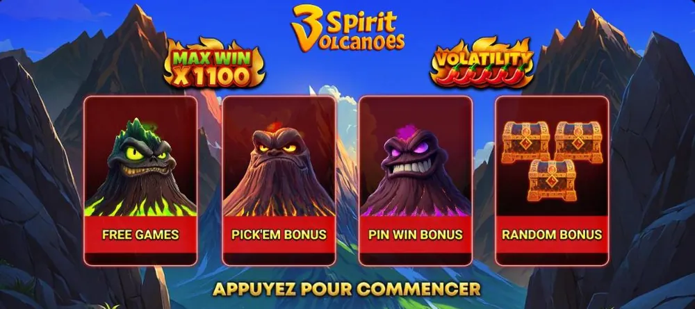 Écran d'accueil de la démo 3 Spirit Volcanoes avec les quatre bonus