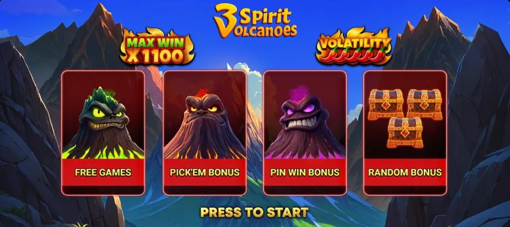 3 Spirit Volcanoes demo start screen with the four bonus options