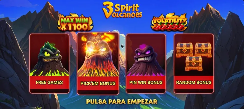 Pantalla de inicio de la demo de 3 Spirit Volcanoes con los cuatro bonos