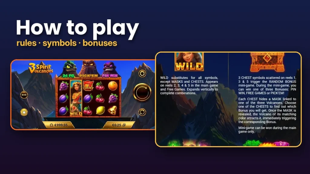 How to play 3 Spirit Volcanoes: reels and Wild and chest rules